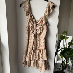J.O.A. Floral Ruffle Mini Dress in Tan